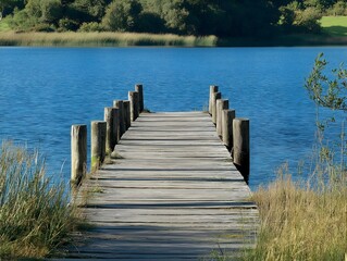 Fototapeta premium wooden pier on lake, calm water, reflections, trees, sunny day, tranquil scene