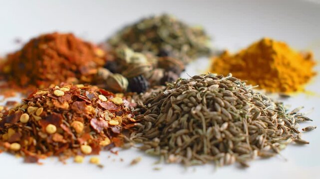 Closeup of diverse spices on white plate for food photography