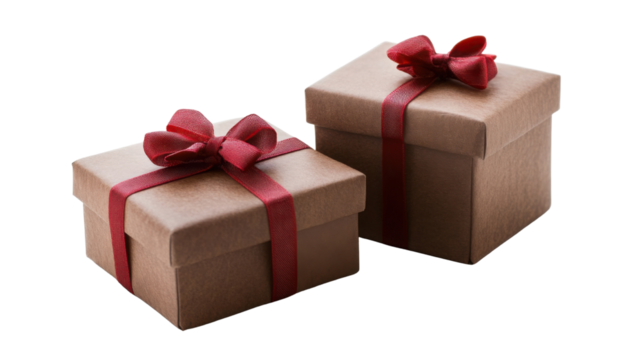 two brown gift box with red ribbon on white background - Powered by Adobe