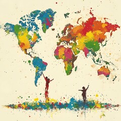 Colorful watercolor world map with figures reaching up
