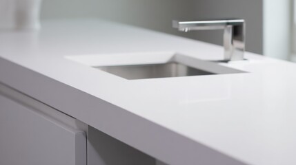 Sleek modern sink setup on smooth white countertop with square stainless-steel basin, minimalist chrome faucet, clean uncluttered design, contemporary hygienic look.