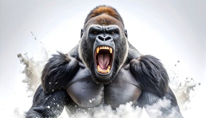 Fierce Gorilla Charging with Showing Teeth, Against White Background, and Strong Animal.