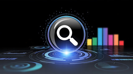 Futuristic Digital Search Icon with Data Analytics Interface and Colorful Bar Graph – Technology Background