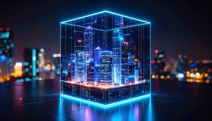 Digital city in a glowing cube
