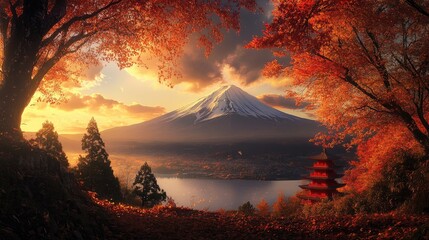 Majestic Mount Fuji at Sunrise Autumnal Landscape