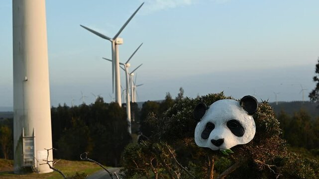 mascara de panda con molinos eoticos de fondo en la monta&ntilde;a