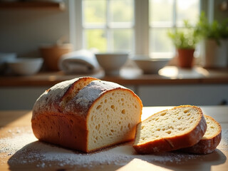Artisanal Sourdough Bread with Sliced Crumb and Floured Crust

