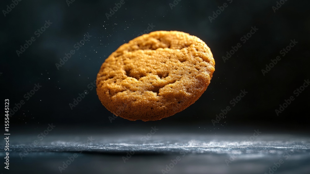 Fototapete cookie rendered with exaggerated textures, floating in spotlight against dark background generative 
