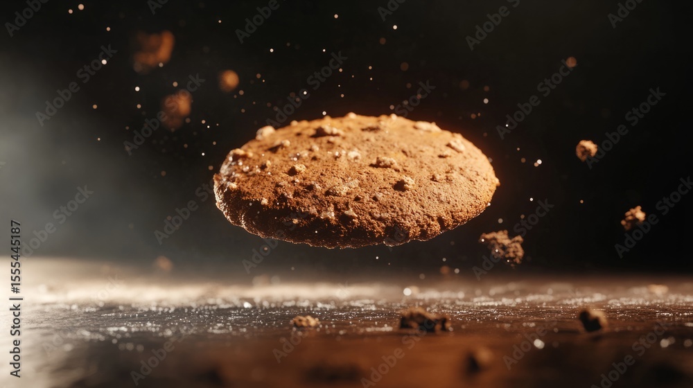 Fototapete cookie rendered with exaggerated textures, floating in spotlight against dark background generative 