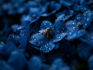 Obraz premium dark blue hydrangea flowers with water droplets, soft lighting