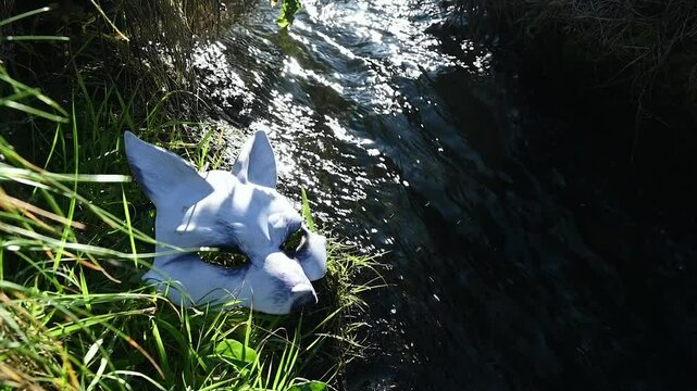 mascara de zorro a lado de un rio 