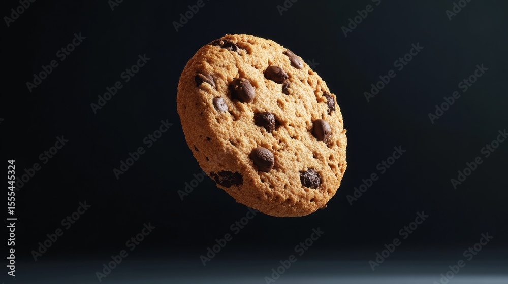 Fototapete cookie rendered with exaggerated textures, floating in spotlight against dark background generative 