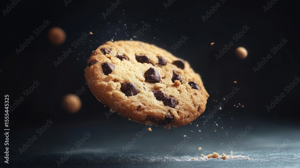 Fototapete cookie rendered with exaggerated textures, floating in spotlight against dark background generative 