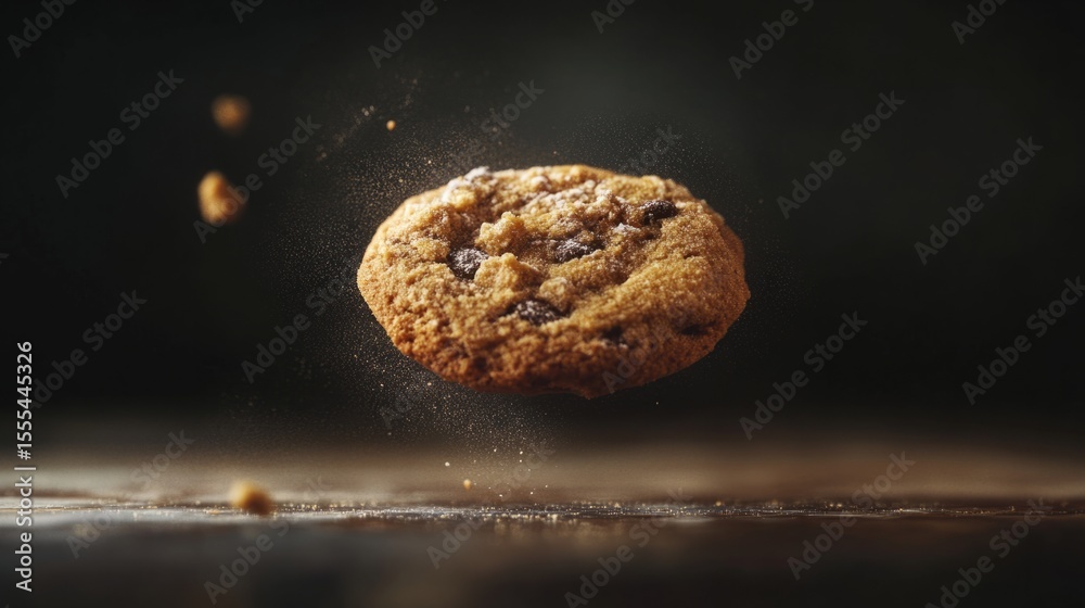 Fototapete cookie rendered with exaggerated textures, floating in spotlight against dark background generative 