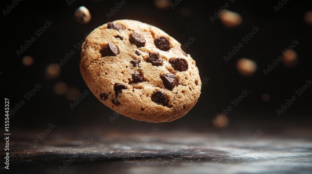 Fototapete cookie rendered with exaggerated textures, floating in spotlight against dark background generative 