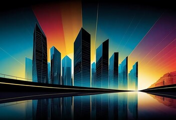 Vibrant urban panorama, stylized cityscape reflecting in shimmering waters