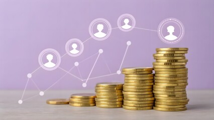 Stacked gold coins overlaid with floating holographic graphs on lavender—modern, tech-forward image for crypto or investment visuals.