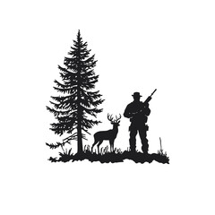 Hunter with rifle in pine forest flat vector design