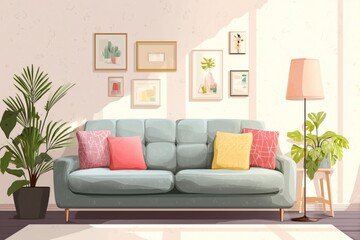 Cozy living room with a light blue sofa adorned with pink and yellow pillows, surrounded by potted plants and framed wall art.