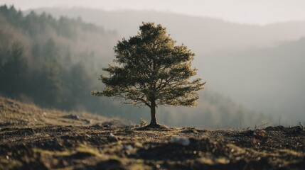 Solitary tree on hillside offering peaceful and serene landscape view