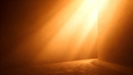 Warm sunlight streams through a doorway, casting golden rays and shadows on a textured wall and floor in a minimalist interior space.