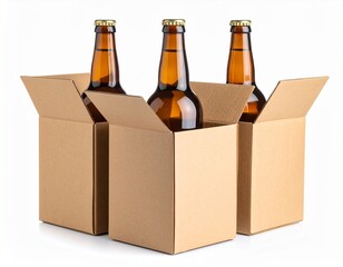 Three open cardboard boxes each hold a clear glass bottle with a gold cap.