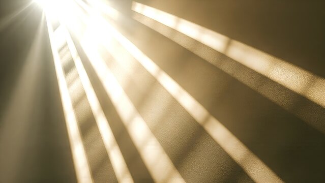 Bright sunlight streams through narrow slits, casting parallel beams of light and shadow on a textured wall.