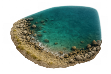 Aerial view of a secluded tropical island with transparent background, featuring turquoise water gently lapping against a rocky shore