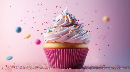 Moving cupcake with swirling frosting and flying sprinkles, pastel background generative ai