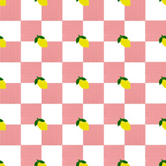 Seamless gingham pattern with white and pink combined with lemon fruit. Pattern for fabric design, wallpaper, cloth, or digital background
