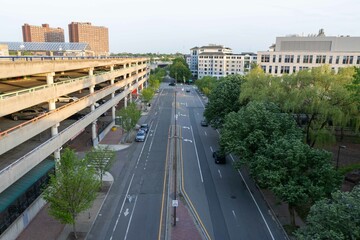 Urban Street Scene with Parking Garage and Trees in Boston