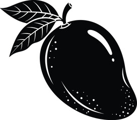 Black and white illustration of a mango with leaves on a white background in vector format