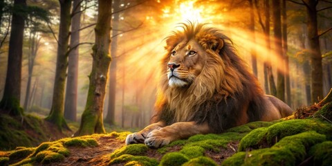 Majestic Lion Resting in Forest Sunlight