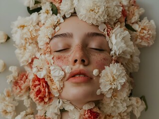 woman in floral arrangement, soft light, pastel colours, serene scene