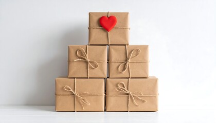 Obraz premium Gift stack wrapped in brown paper with tied with twine, and topped by a heart.