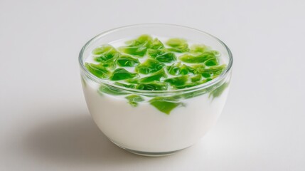 Refreshing Thai dessert Lod Chong in glass bowl, showcasing vibrant green pandan jelly