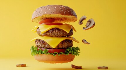 Mushroom and melted Swiss cheese burger, floating concept, generative ai