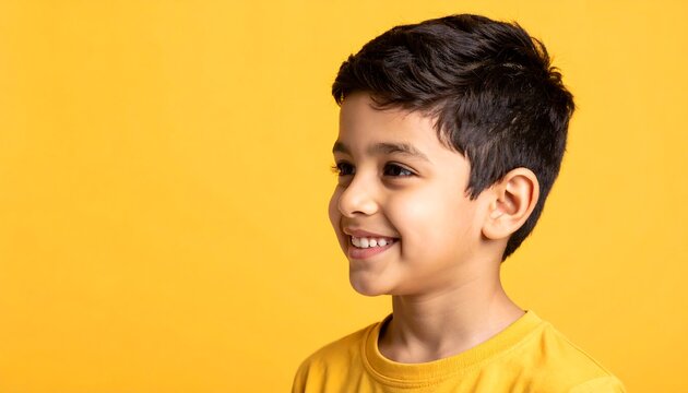 Smiling young boy with dark hair looking to the side against a bright yellow background.