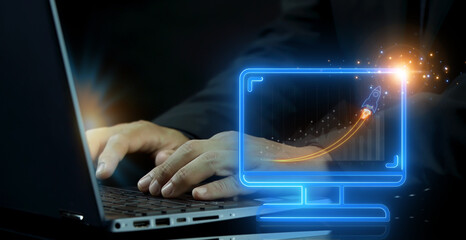 Management Consulting concept, professional advice to individuals and businesses in their area of expertise. Businessman shows glowing neon line of performance metrics icon on virtual screen.