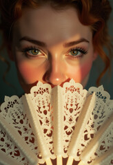 Woman holding lace fan in sunlight