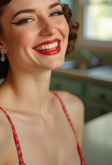 Woman smiling brightly in kitchen setting
