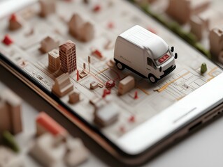 miniature delivery truck on smartphone, isometric view, city scene, daytime