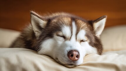 Adorable Siberian Husky Dog Relaxing Comfortably on Soft Pillow in Cozy Environment, Capturing the Essence of Peaceful Pet Life and Serene Moments at Home