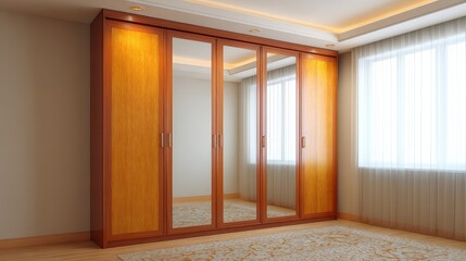 Fototapeta premium Modern wooden wardrobe with mirrored doors in a bright room, showcasing elegant design, spacious storage, and contemporary interior style for home decor