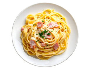 Delicious pasta carbonara on white plate