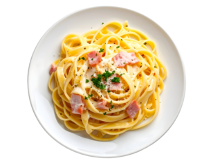 Delicious pasta carbonara on white plate