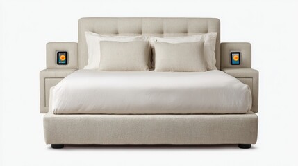 Fototapeta premium Modern bedroom design featuring a stylish upholstered bed with smart speakers, plush pillows, and a minimalist aesthetic perfect for contemporary living spaces.