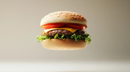 Fast food burger floating in the air, clean and bright background generative ai