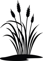 A silhouette of tall grass and wheat stalks growing from a small patch of dark soil on a white background