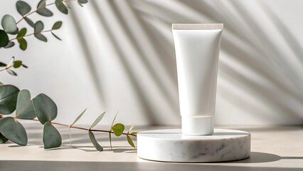 Minimalist white cosmetic tube on marble pedestal with eucalyptus leaves and soft shadows